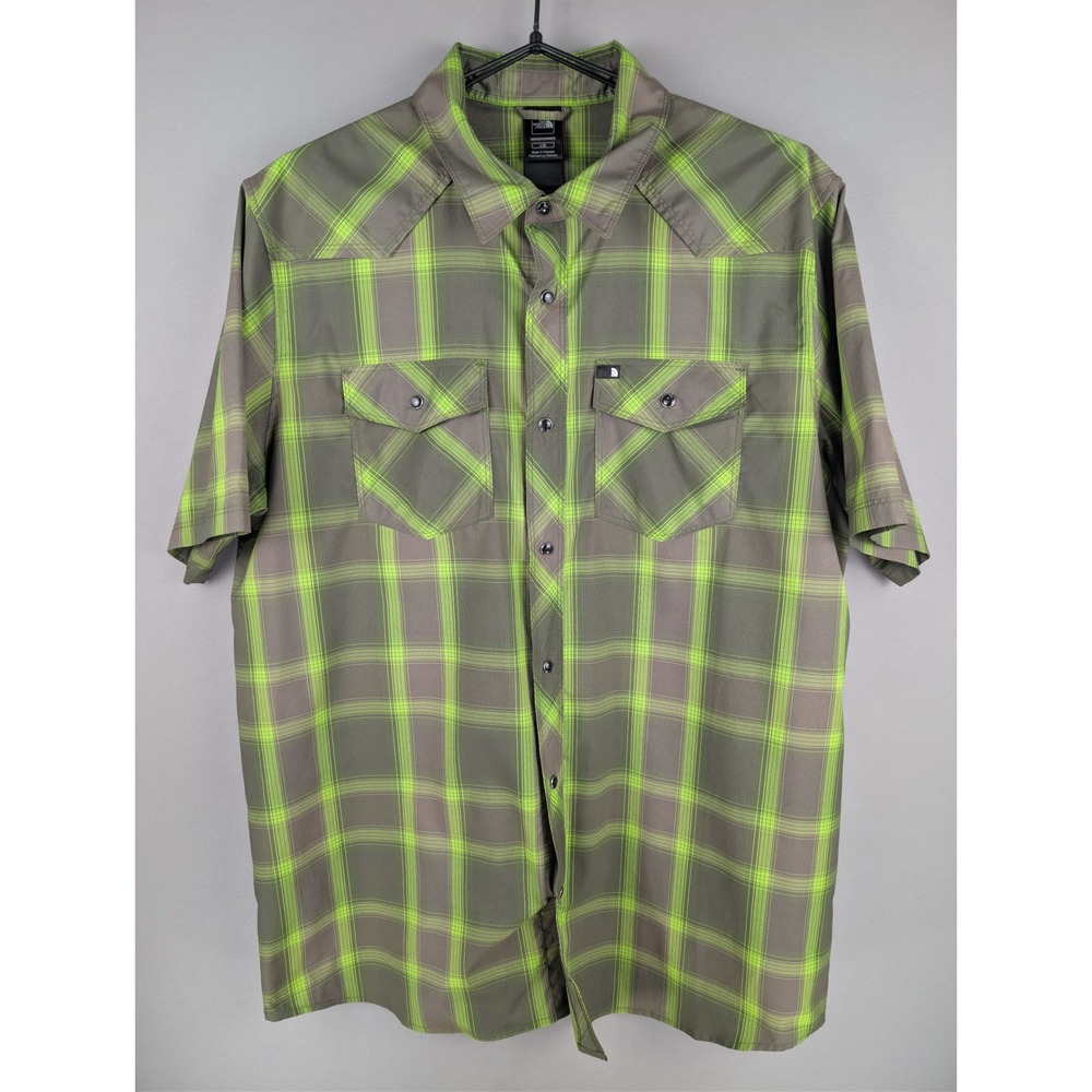 The North Face Men's L Plaid Snap-Button Shirt Olive Green Short Sleeve EUC